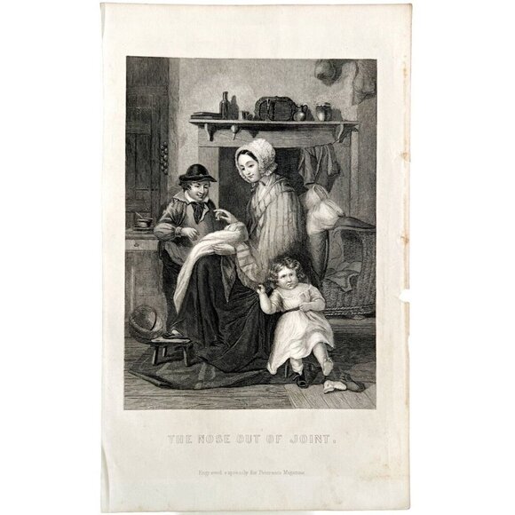 The Nose Out Of Joint Steel Engraving 1859 Victorian Family New Baby Art DWY5D - Picture 2 of 2